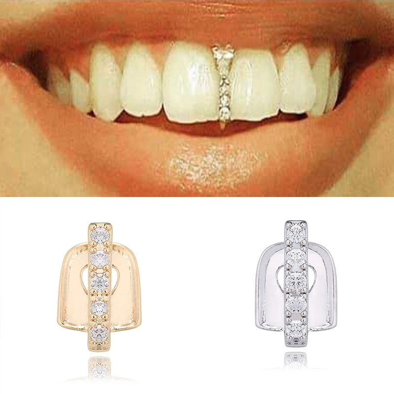 Lianfudai gifts New Hip Hop Gold Teeth Grillz Top Crystal Grills Dental Mouth Punk Teeth Caps Cosplay Party Tooth Rapper Funny Jewelry Gift