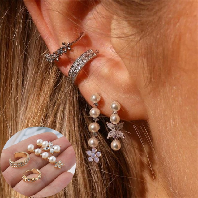 sengpan western jewelry for women Halloween gift Boho Gold Crystal Pearl Earrings Set Women Heart Moon Star Cross Geometric Feather Female Earring Vintage Fashion Jewelry