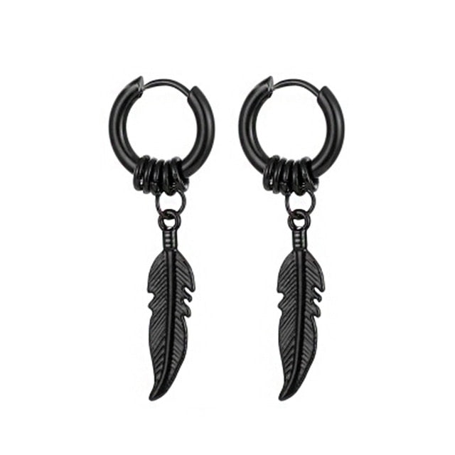 sengpan Punk Vintage Design Leaf Hoop Earrings For Women Men Jewelry Accessories Black Stainless Feather Earring Brincos