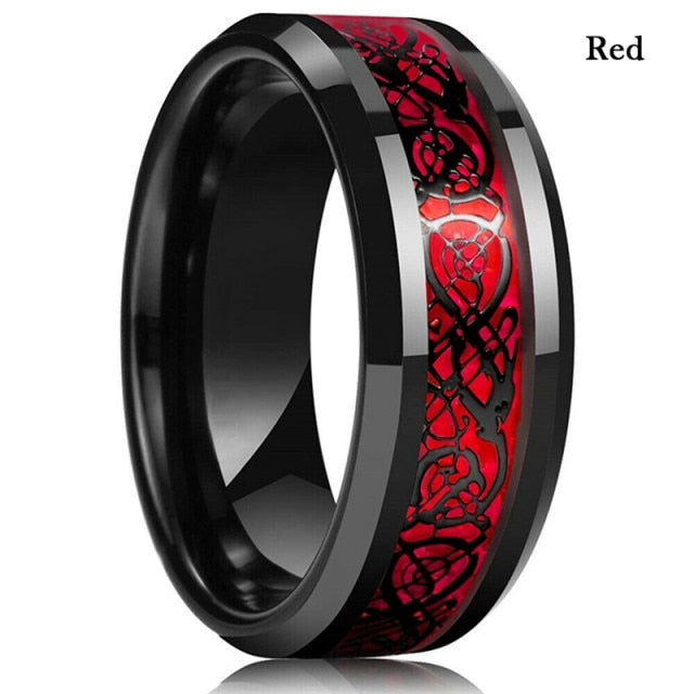 sengpan father's day gifts 8 Colors 8mm Men's Stainless Steel Dragon Ring Inlay Red Green Black Carbon Fiber Ring Wedding Band Jewelry Size 6-13