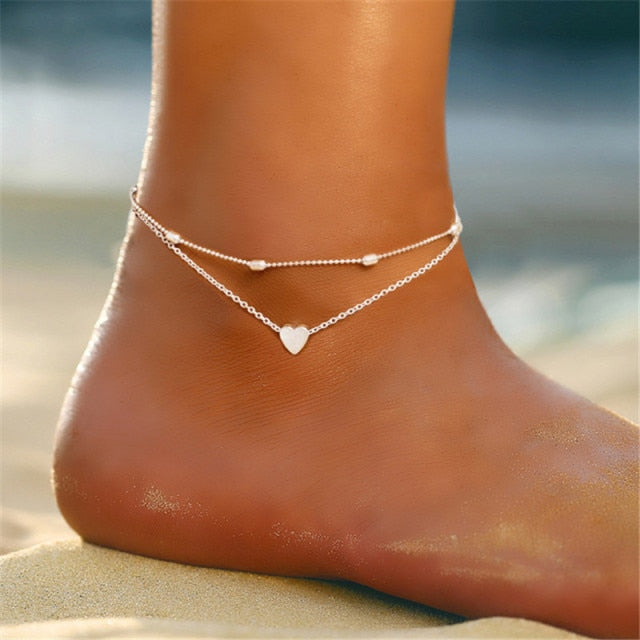 sengpan Simple Heart Gold Silver Color Anklets For Women Link Chain Beads Anklet Bracelet on Leg Beach Holiday Foot Jewelry