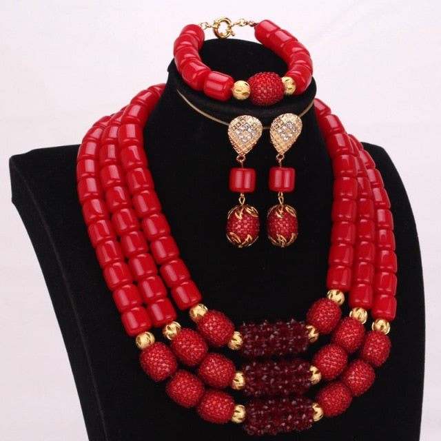 sengpan bridal jewelry set for wedding  Store African Jewelry Set New Designs 3 Layers Artificial Coral Beads Jewellery Set  With Gold Beaded Balls 3 Pieces