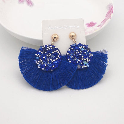 sengpan Shiny Crystal Tassel Earrings Bohemian Rhinestone Pendant Statement Long Fringe Earrings for Women Fashion Jewelry