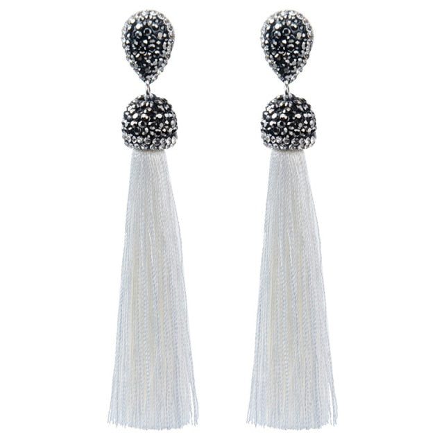 sengpan Shiny Crystal Tassel Earrings Bohemian Rhinestone Pendant Statement Long Fringe Earrings for Women Fashion Jewelry