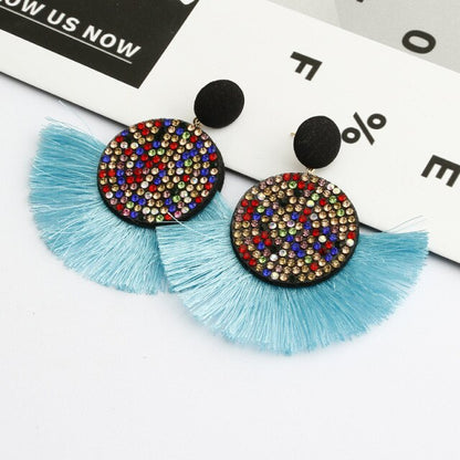 sengpan Shiny Crystal Tassel Earrings Bohemian Rhinestone Pendant Statement Long Fringe Earrings for Women Fashion Jewelry