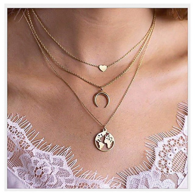 sengpan Collier Chain Necklace Multilayer Moon Alloy Metal Disc Gold Pendant Necklace For Women New Trend Female Jewelry Collar