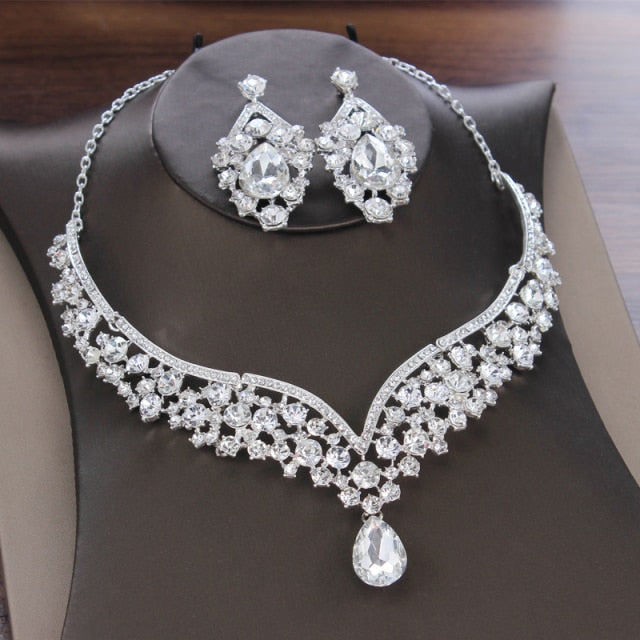 sengpan Gorgeous Crystal AB Bridal Jewelry Sets Fashion Tiaras Earrings Necklaces Set for Women Wedding Dress Crown Jewelry Set