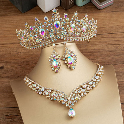 sengpan Gorgeous Crystal AB Bridal Jewelry Sets Fashion Tiaras Earrings Necklaces Set for Women Wedding Dress Crown Jewelry Set