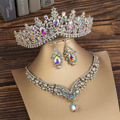 sengpan Gorgeous Crystal AB Bridal Jewelry Sets Fashion Tiaras Earrings Necklaces Set for Women Wedding Dress Crown Jewelry Set