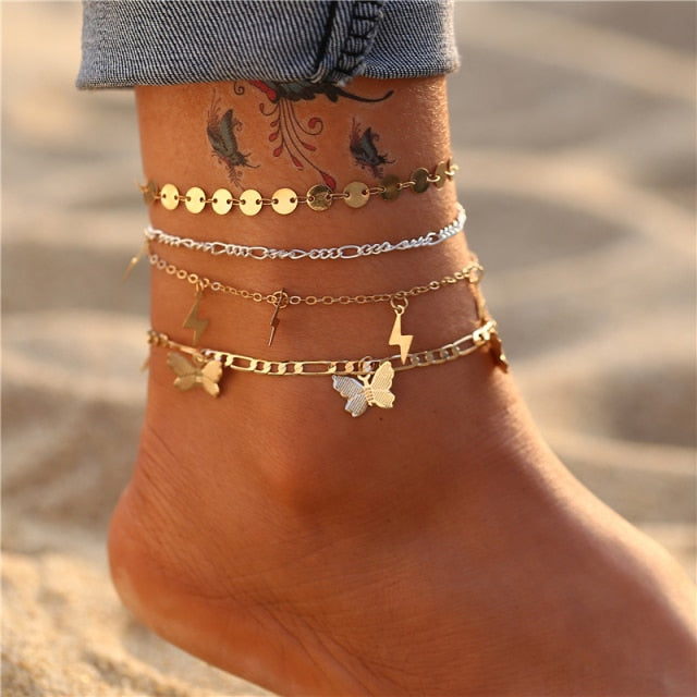 sengpan Bohemian Gold Butterfly Anklets For Women Fashion Siilver Color Beads Anklet Summer Beach Ankle Bracelet Foot Chain Jewelry