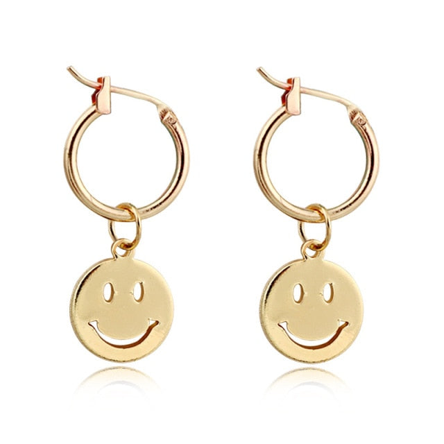 sengpan Funny Smile Face Hoop Earrings Pendant For Women Gold Alloy Geometric Carving Earring Jewelry Accessory Statement Gifts