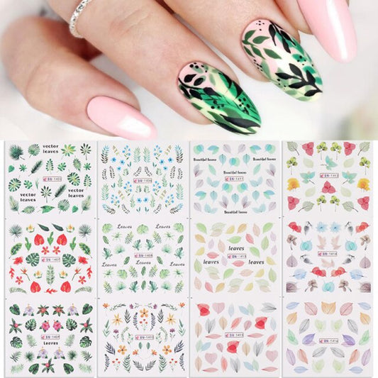 sengpan 12Designs Spring Theme Geometric Flower Leaves Nail Stickers Set Face Image Butterfly Fruit Decals Sliders Manicures Decoration