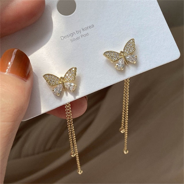 sengpan New Korean Elegant Cute Rhinestone Butterfly Stud Earrings For Women Girls Fashion Metal Chain Boucle D'oreille Jewelry