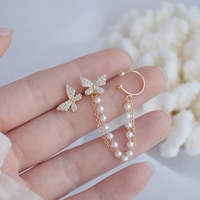 sengpan New Korean Elegant Cute Rhinestone Butterfly Stud Earrings For Women Girls Fashion Metal Chain Boucle D'oreille Jewelry