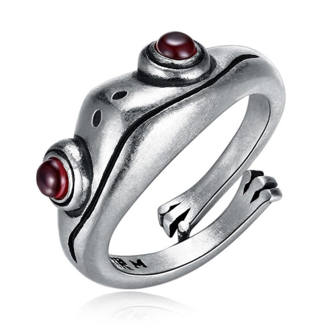 sengpan Vintage Siver Frog Ring Neutral Red Garnet Frog Open Adjustable Rings Finger Jewelry Party Lover Gift Couple Valentine Gift