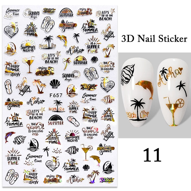 sengpan Summer Tropical Beach Coconut Tree Slippers 3D Nail Sticker Leaves Shell Transfer Decals Slider Decoration Manicures