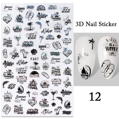 sengpan Summer Tropical Beach Coconut Tree Slippers 3D Nail Sticker Leaves Shell Transfer Decals Slider Decoration Manicures