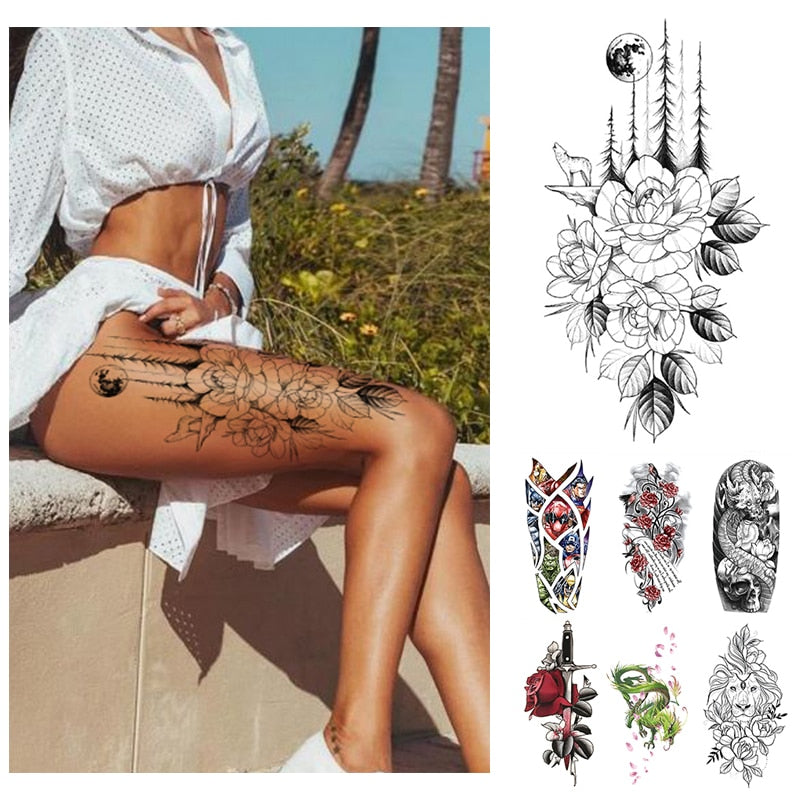 sengpan Waterproof Temporary Tattoo Sticker Flower Rose Flash Tattoos Lalash Tattoos Snake Lion Body Art Arm Fake Sleeve Tatoo Women