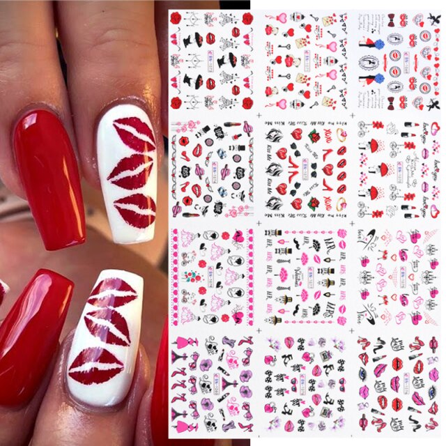 sengpan 12Designs Spring Theme Geometric Flower Leaves Nail Stickers Set Face Image Butterfly Fruit Decals Sliders Manicures Decoration