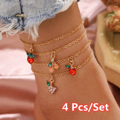 sengpan Christmas gifts ideas 5 Pcs/Set Sweet Crystal Fruit Butterfly Star Anklets Bracelet Simple Anklets for Women Fashion Party Jewelry Gifts