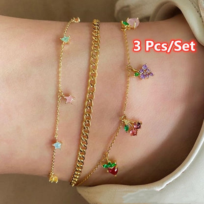 sengpan Christmas gifts ideas 5 Pcs/Set Sweet Crystal Fruit Butterfly Star Anklets Bracelet Simple Anklets for Women Fashion Party Jewelry Gifts