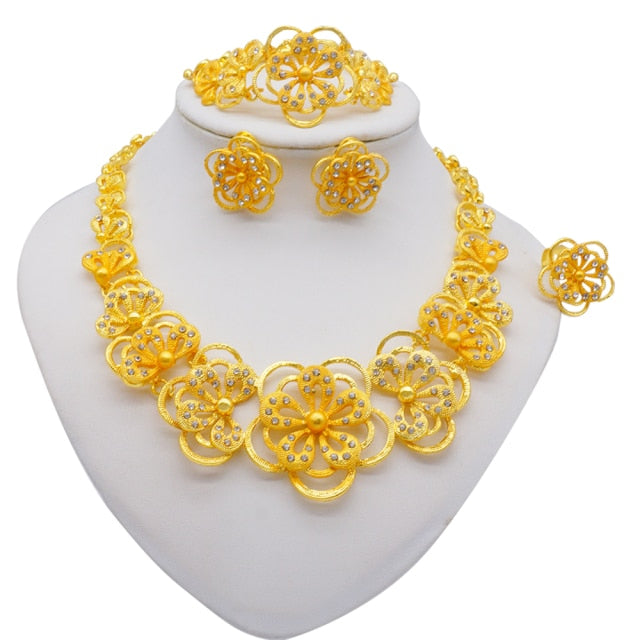 sengpan Gold Jewelry Sets Women Necklace Earrings Dubai African Indian Bridal Accessory flowers Jewelry sets Necklace