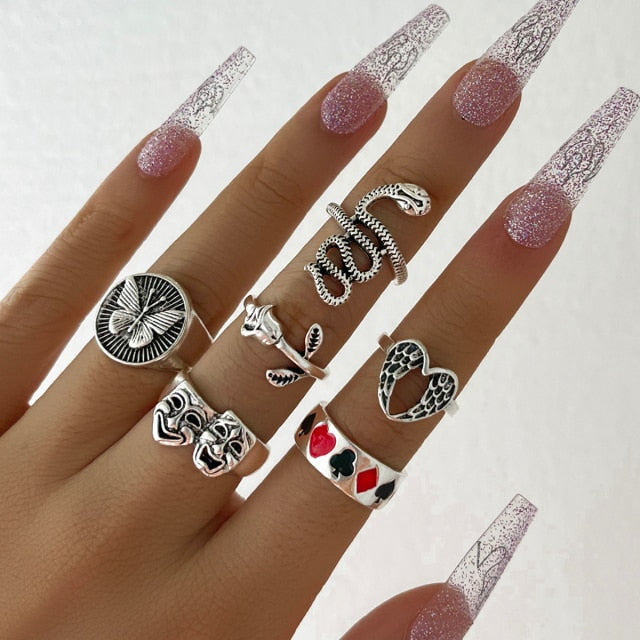 sengpan Christmas gifts for her Aprilwell 6 PCs Gothic Silver Color Ring Set For Women Aesthetic Costume Retro Jewelry Anxiety Chunky Gadgets Free Shipping