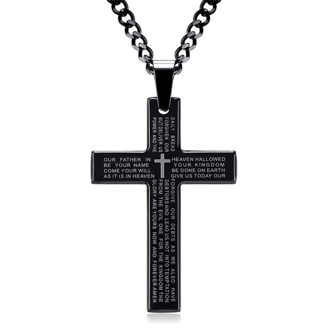 sengpan Retro Christian Jesus Single Titanium Scripture Cross Necklace Stainless Steel Black Prayer Choker Cross Pendants For Men Colar