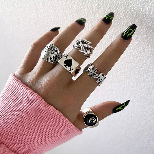 sengpan jewelry gifts for women hot sale new Punk Gothic Poker Ring Set for Women Vintage Spades Ace Silver Plated Retro Rhinestone Charm Billiards Rings Finger Jewelry