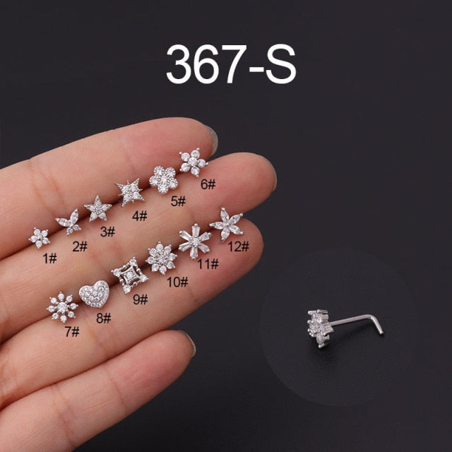 sengpan Christmas wishlist New 1PC Fashion L Shaped Nose Studs Stainless Steel Flower Cubic Zirconia 20G Nostril Bone Screw Indian Nose Ring Piercing