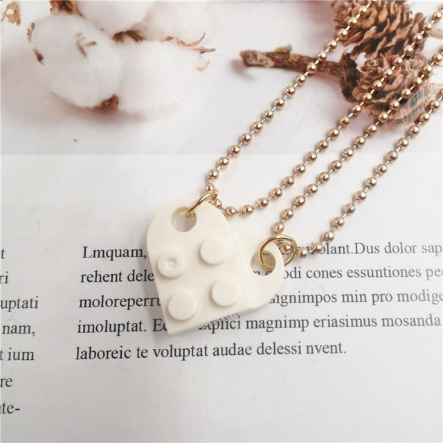 sengpan 2PCS Beads Chain Necklace Building Brick Love Heart Pendant Necklace for Women Couple Matching Gifts Paired Girls Necklaces