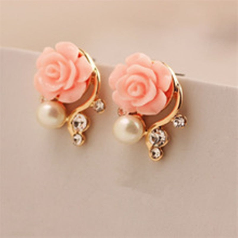 sengpan Earrings New Women Korean OL style pink crystal pearl asymmetric double-sided stud earrings