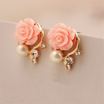 sengpan Earrings New Women Korean OL style pink crystal pearl asymmetric double-sided stud earrings