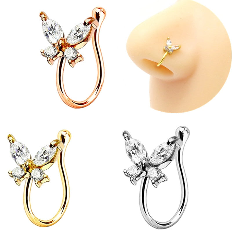 sengpan Christmas wishlist 1Piece Crystal Butterfly Fake Nose Ring Non Piercing Clip On Nose Ring Indian Style Heart Nose Cuff Fake Piercing Nariz Jewelry