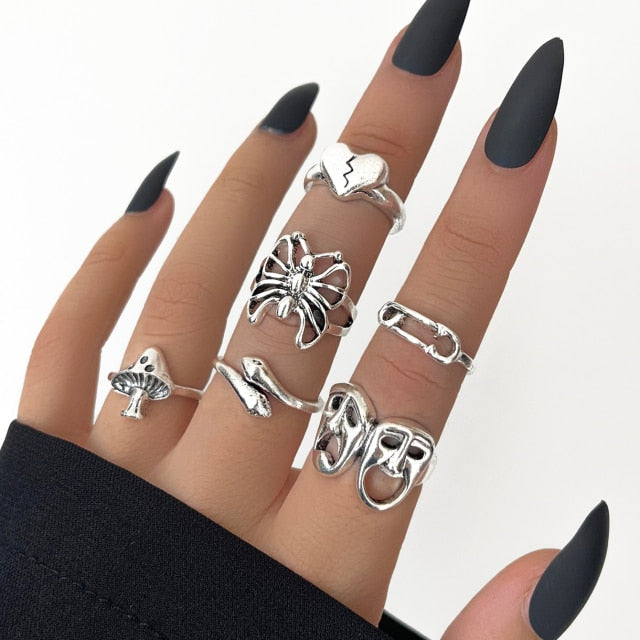 sengpan Christmas gifts for her Aprilwell 6 PCs Gothic Silver Color Ring Set For Women Aesthetic Costume Retro Jewelry Anxiety Chunky Gadgets Free Shipping