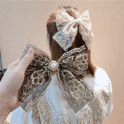 sengpan Christmas wishlist New Fabric Lace Big Bow Spring Clip Pearl Bowknot  Hair Pins for Women Girls Hair Jewelry Fashion Headwear Hair Accessories