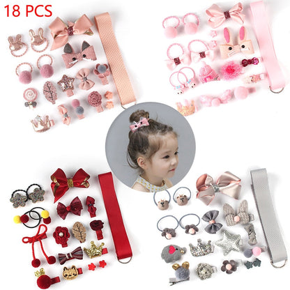 sengpan Christmas gifts ideas 18 Pcs/Set Children Cute Hair Accessories Set Baby Fabric Bow Flower Hairpins Headwear Hair Ring Girl Princess Head Jewelry Gift