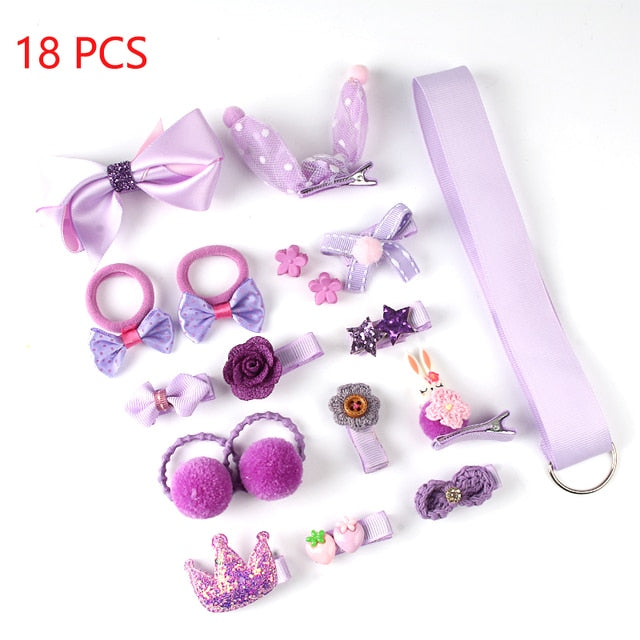 sengpan Christmas gifts ideas 18 Pcs/Set Children Cute Hair Accessories Set Baby Fabric Bow Flower Hairpins Headwear Hair Ring Girl Princess Head Jewelry Gift