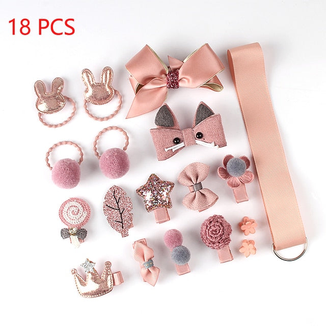 sengpan Christmas gifts ideas 18 Pcs/Set Children Cute Hair Accessories Set Baby Fabric Bow Flower Hairpins Headwear Hair Ring Girl Princess Head Jewelry Gift