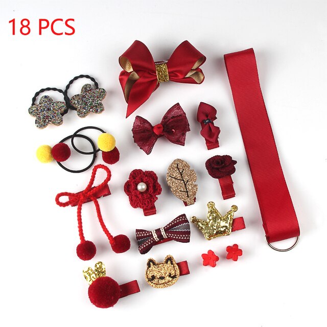 sengpan Christmas gifts ideas 18 Pcs/Set Children Cute Hair Accessories Set Baby Fabric Bow Flower Hairpins Headwear Hair Ring Girl Princess Head Jewelry Gift