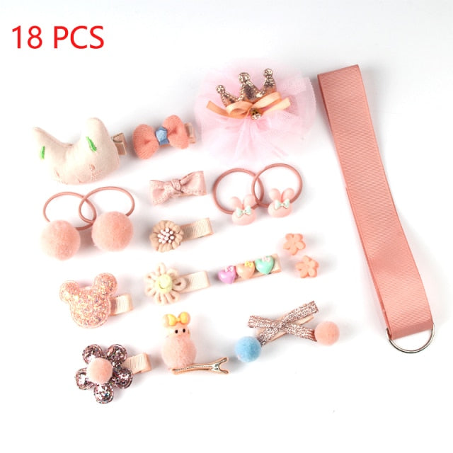 sengpan Christmas gifts ideas 18 Pcs/Set Children Cute Hair Accessories Set Baby Fabric Bow Flower Hairpins Headwear Hair Ring Girl Princess Head Jewelry Gift