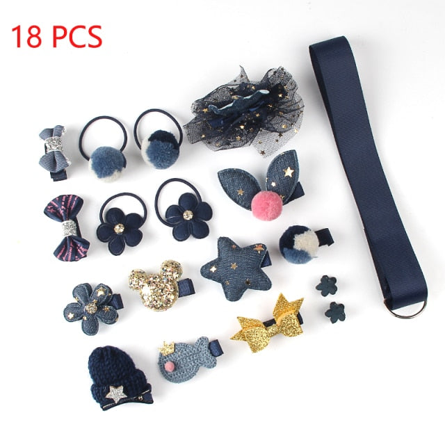 sengpan Christmas gifts ideas 18 Pcs/Set Children Cute Hair Accessories Set Baby Fabric Bow Flower Hairpins Headwear Hair Ring Girl Princess Head Jewelry Gift