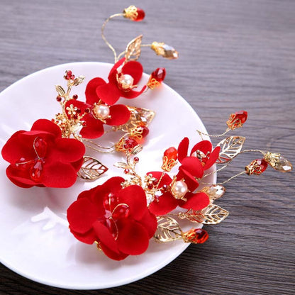 sengpan bridal jewelry set for wedding Chinese Hair Accessories Hairpins For Women Red Flower Bride Hair Clips Barrette Bridal Wedding Headwear Jewelry