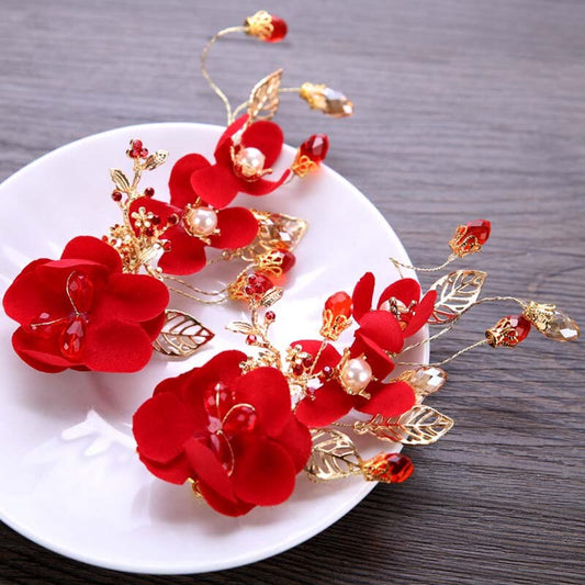 sengpan bridal jewelry set for wedding Chinese Hair Accessories Hairpins For Women Red Flower Bride Hair Clips Barrette Bridal Wedding Headwear Jewelry