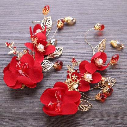 sengpan bridal jewelry set for wedding Chinese Hair Accessories Hairpins For Women Red Flower Bride Hair Clips Barrette Bridal Wedding Headwear Jewelry