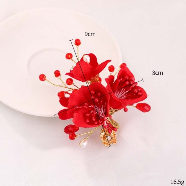 sengpan bridal jewelry set for wedding Chinese Hair Accessories Hairpins For Women Red Flower Bride Hair Clips Barrette Bridal Wedding Headwear Jewelry