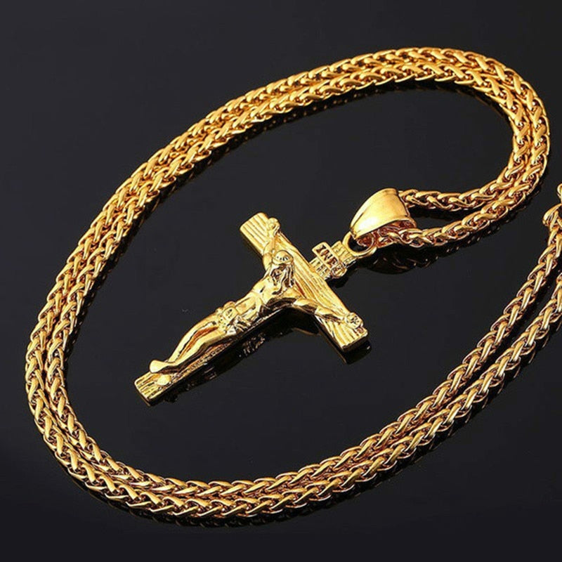 sengpan Mens Jewellery Cross Necklace Locket Gothic Accessories Halloween Punk Cuban Link Chain Jesus Christ Gift Easter Colgante Hombre