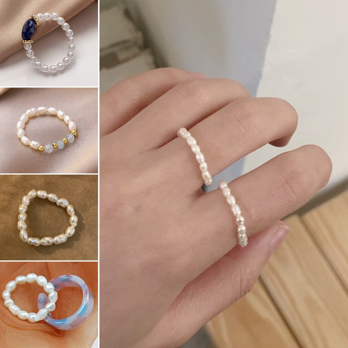 sengpan gifts for women  New Natural Freshwater Pearl Rings for Women Geometric Adjustable Elastic Ring Trendy Resin Bead Rings Set Elegant Jewelry