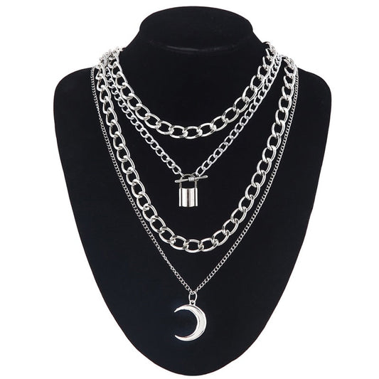 sengpan Layered Chain Necklace Moon Lock Goth Accessories Grunge Fairy Core Choker Aesthetic Y2k E Girl  Halloween Jewelry