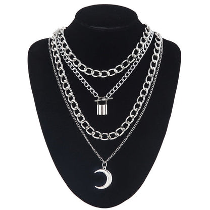 sengpan Layered Chain Necklace Moon Lock Goth Accessories Grunge Fairy Core Choker Aesthetic Y2k E Girl  Halloween Jewelry